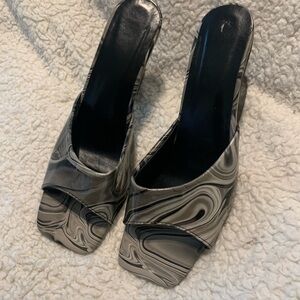 Women's Black Gray Swirl Slip On Mules Clear Heel Square Toe Modern EU 43 Chic